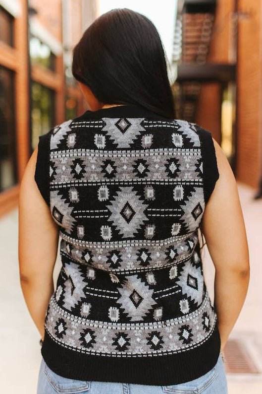 The Black Aztec Knit V-Neck Sleeveless Sweater Top