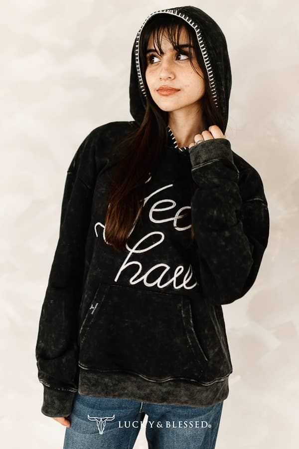 The Frankie Black Mineral Wash Yeehaw Embroidered Detail Hoodie XL-3XL