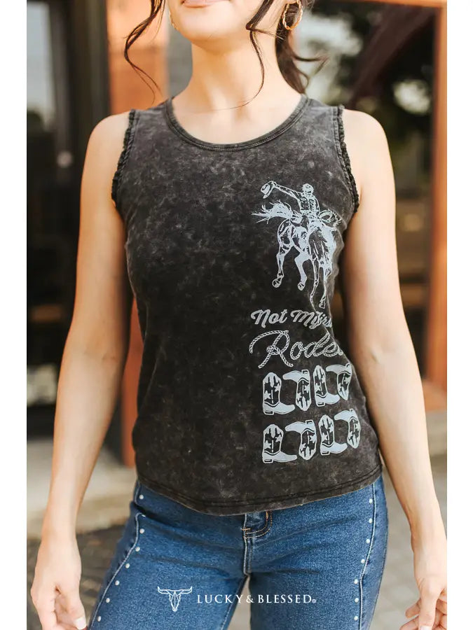 The Campbell Black Mineral Wash Rodeo Printed Trim Detail Tank Top
