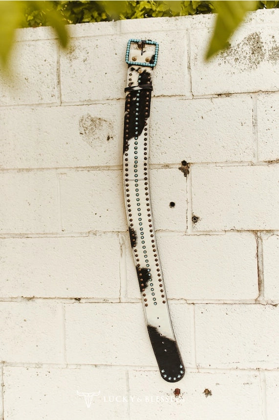 Black Cowhide Turquoise Stone Leather Wide Belt