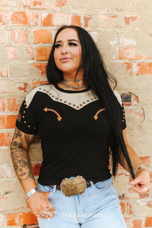 The Haven Black Studded Western Yoke Short Sleeve Top