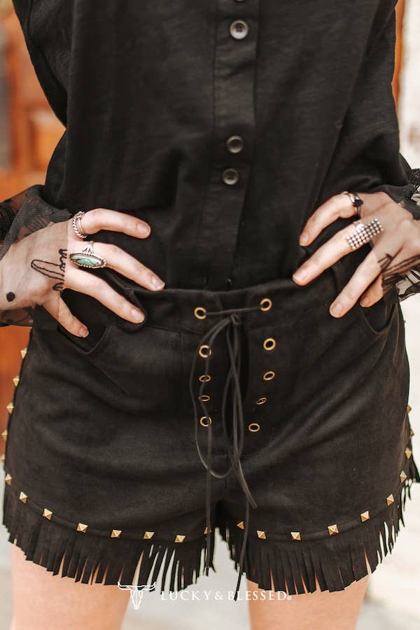 The Dusty Trail Fringe Shorts – Black