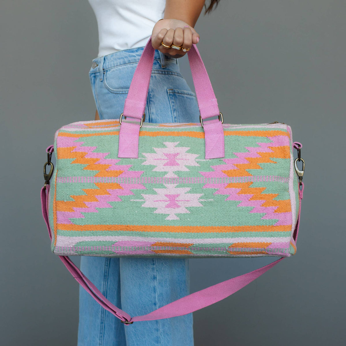 Aztec Print Cotton Duffel Bag — Mint, Pink & Orange