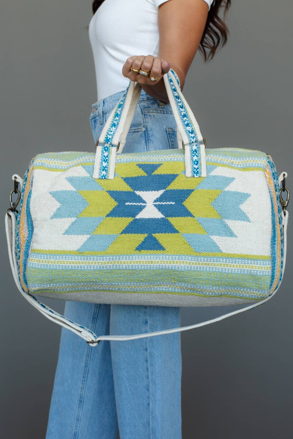 Southwestern Print Cotton Duffel Bag — Cream, Blue & Lime