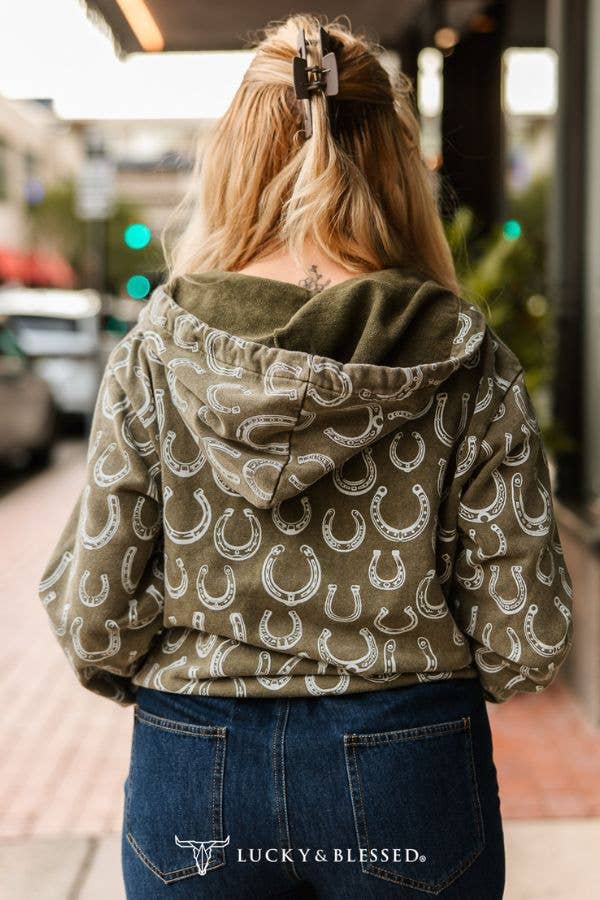 PLUS | The Genevieve Olive Mineral Wash Horseshoe Printed Zip Up Hooded Sweater: XL-3XL