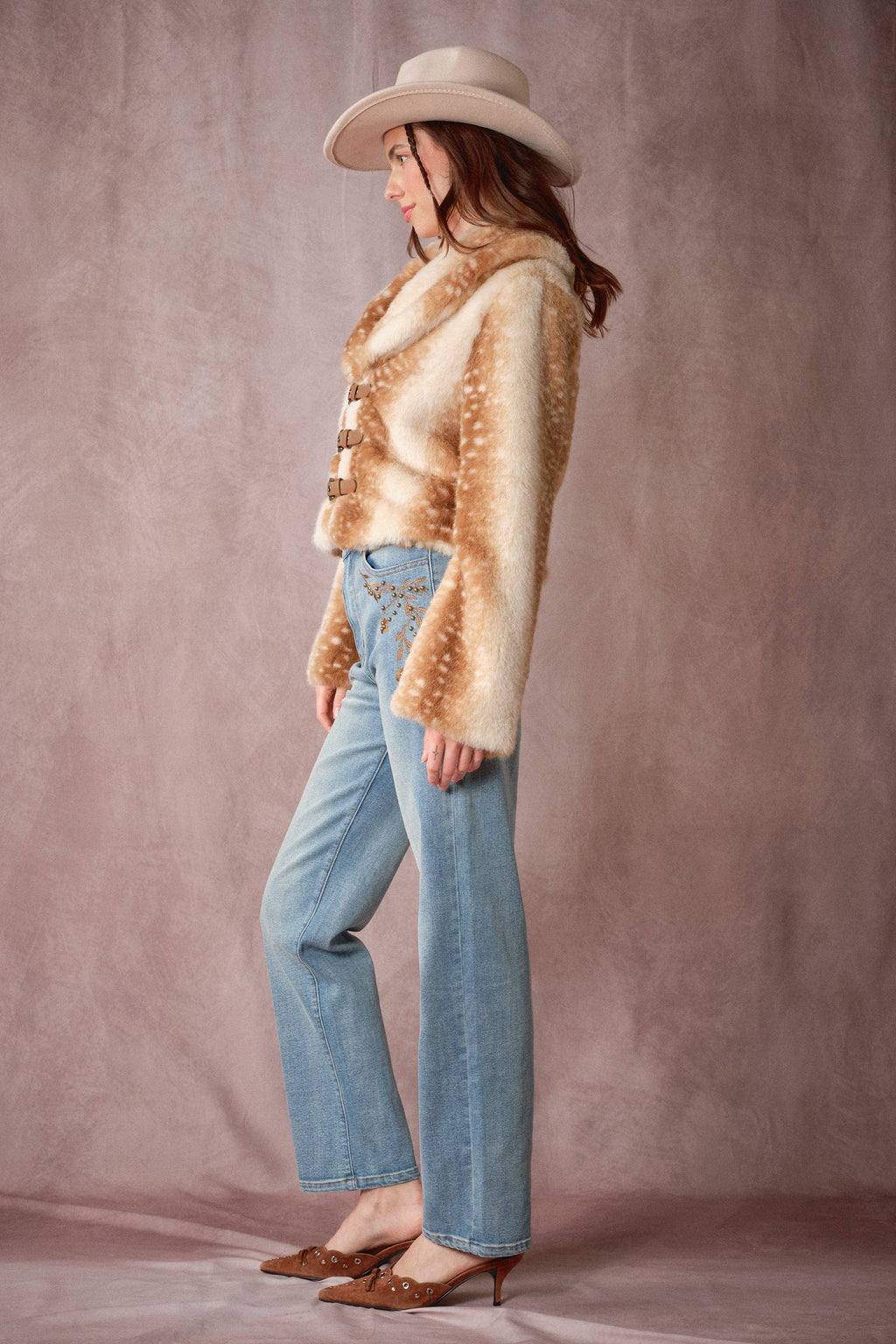 The Audrey Buckled Deer Print Faux Fur Jacket