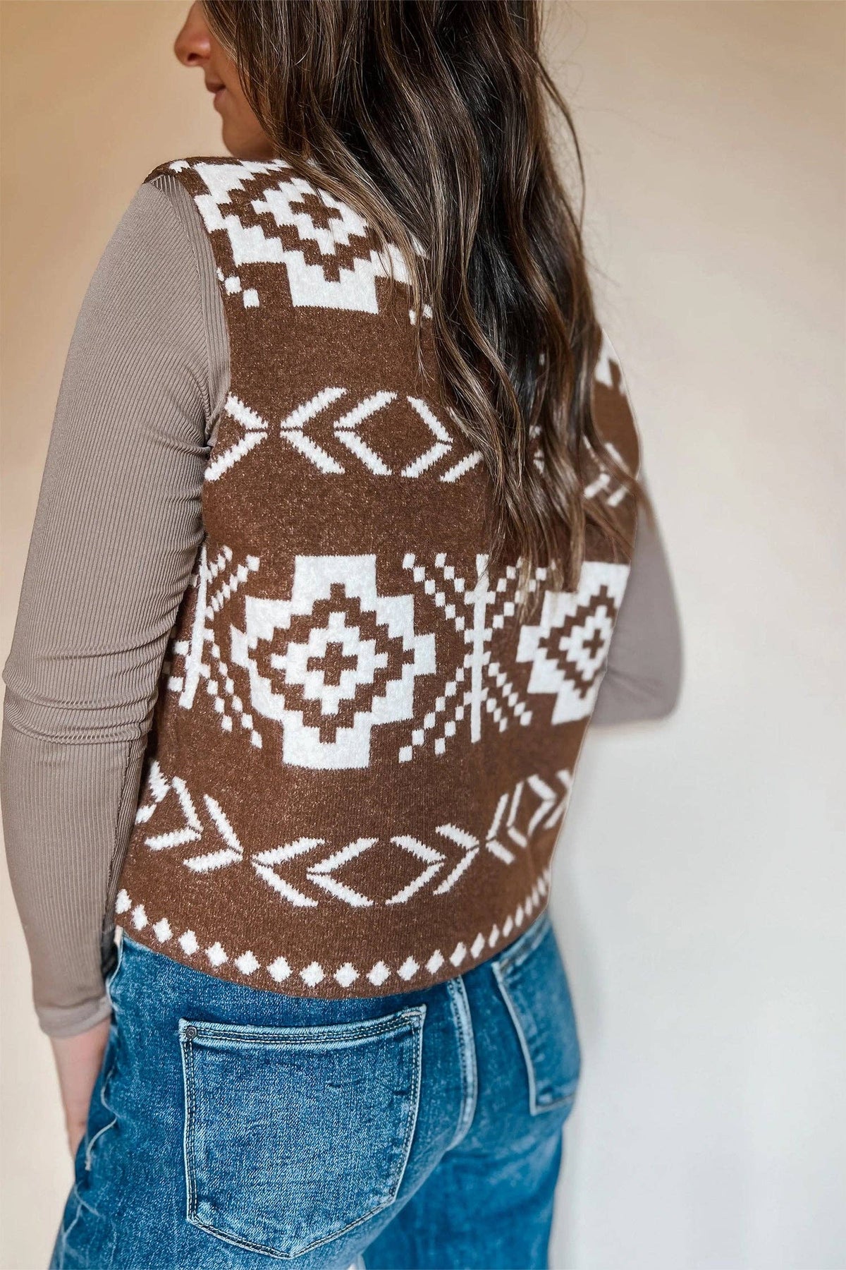 The Briar Brown Southwestern Aztec Button Square Neck Sweater Vest