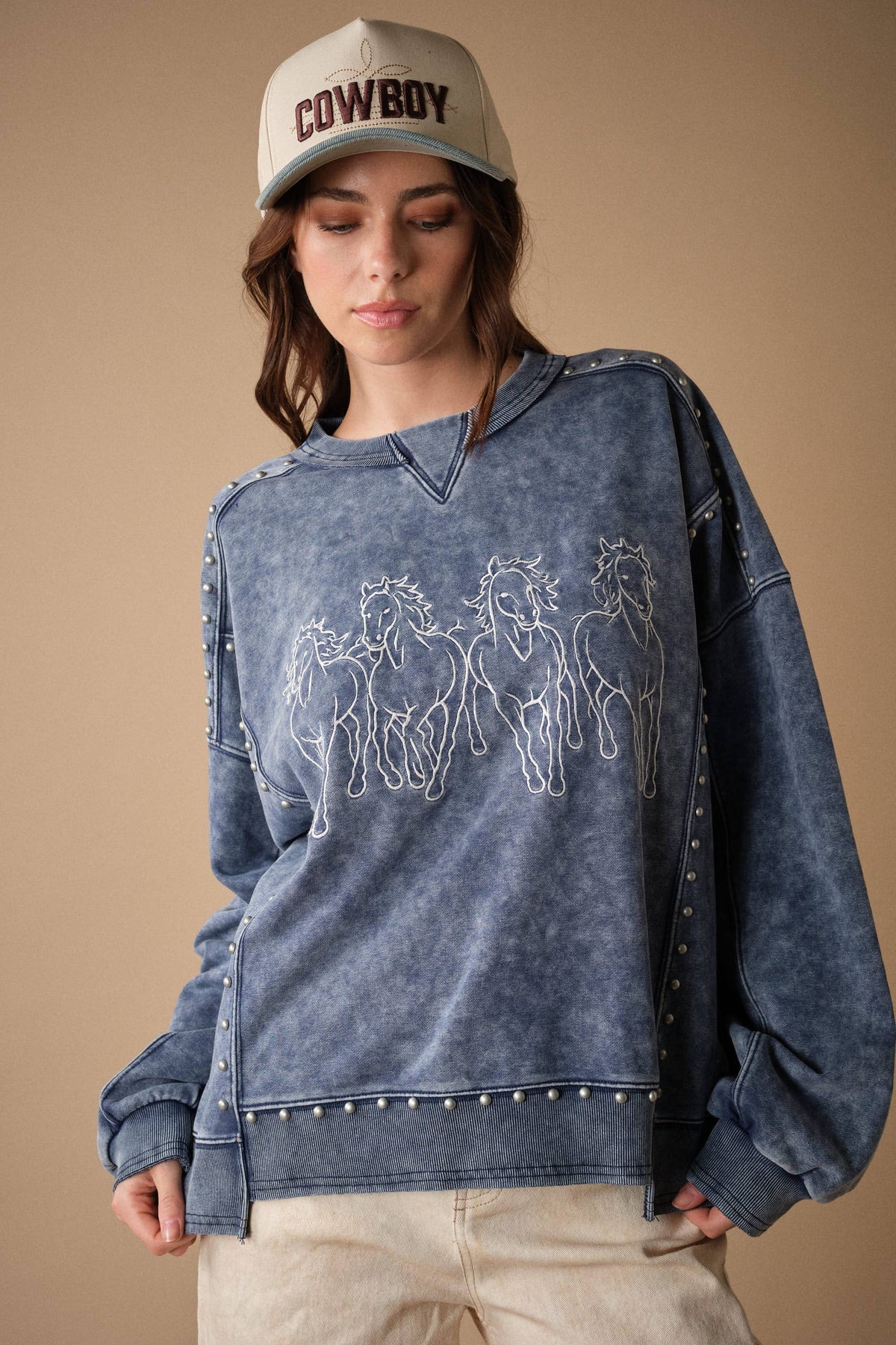 The Brooke Horse Embroidery Stud Sweatshirt