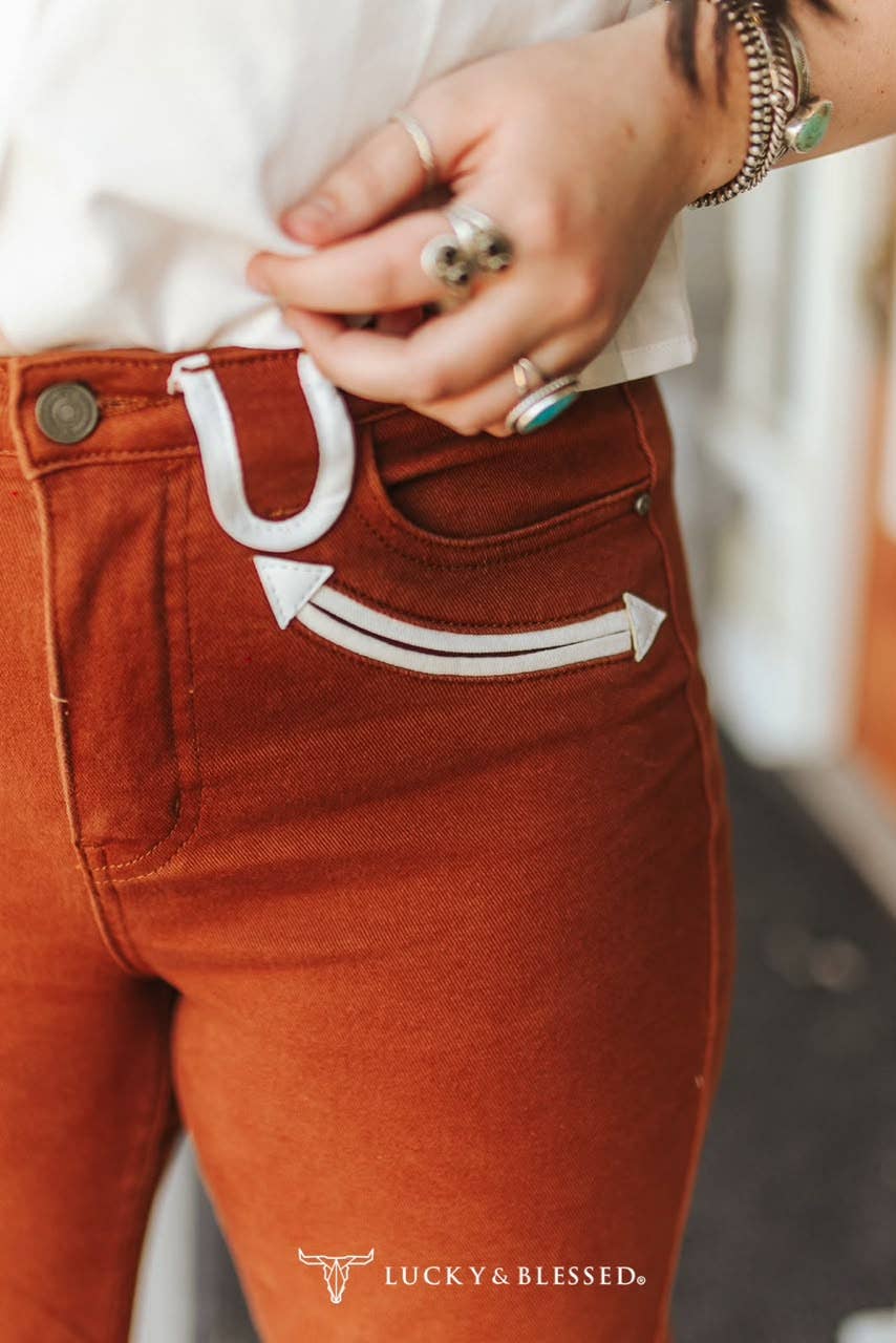 The Hadley Camel Stretch Denim Western Arrow Wide Leg Jeans
