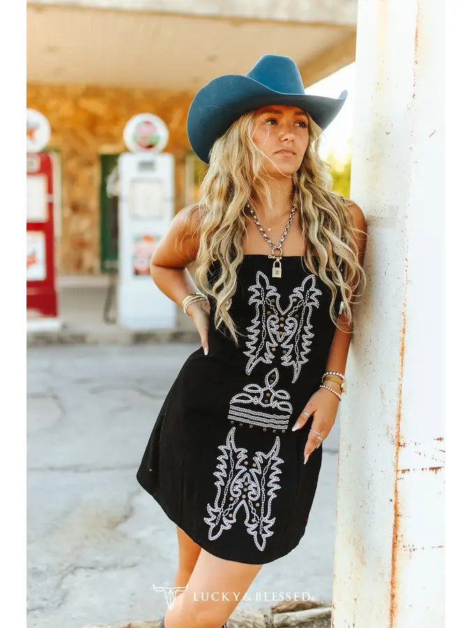 The Samantha Black Ivory Embroidered Buckle Tank Denim Stretch Dress