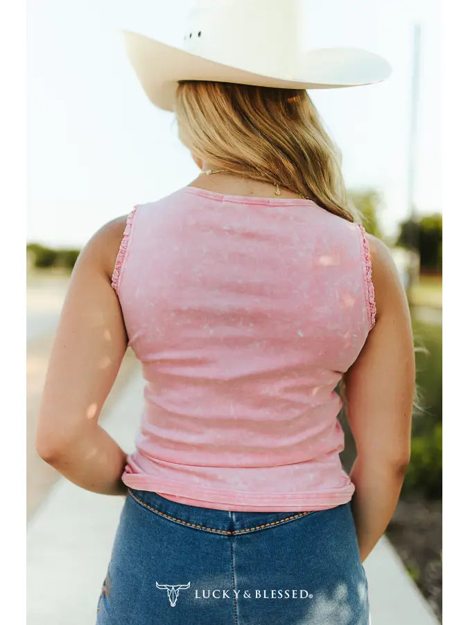 The Cadence Pink Mineral Wash Cowgirl Printed Trim Detail Tank Top