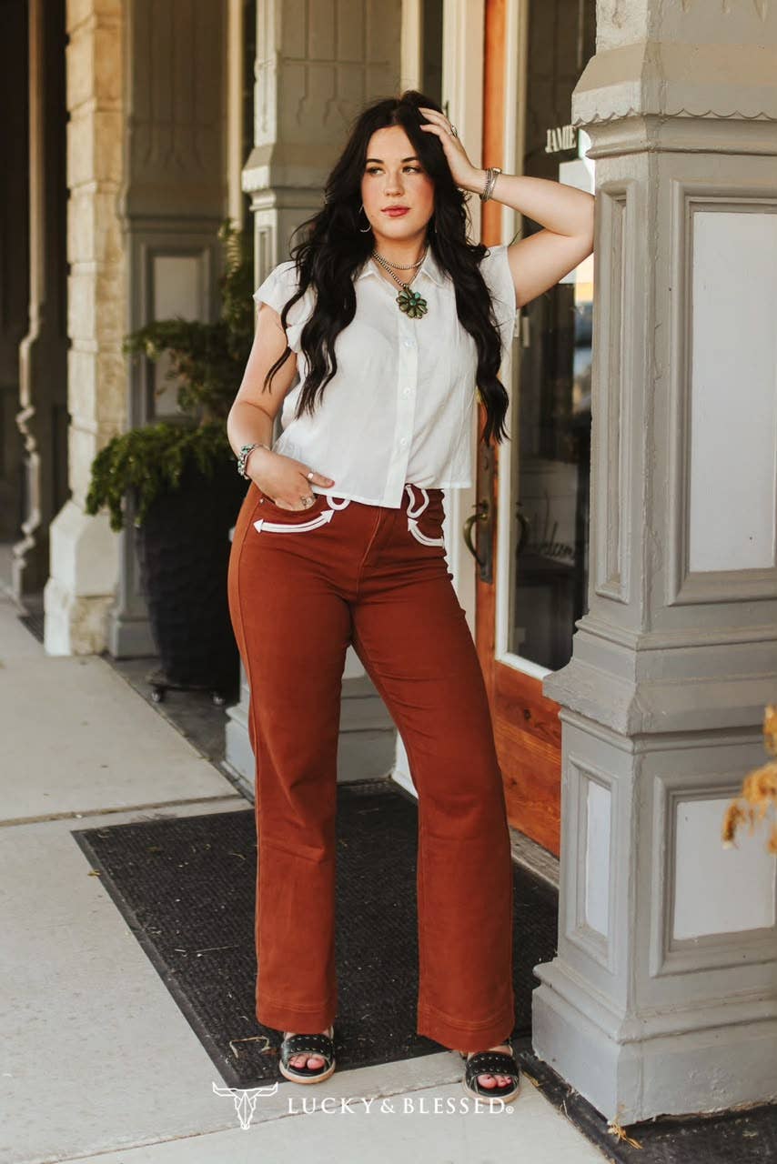 The Hadley Camel Stretch Denim Western Arrow Wide Leg Jeans