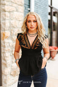 The Eden New Black Camel Embroidered Smocked Waist Ruffle Blouse