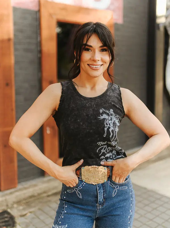The Campbell Black Mineral Wash Rodeo Printed Trim Detail Tank Top
