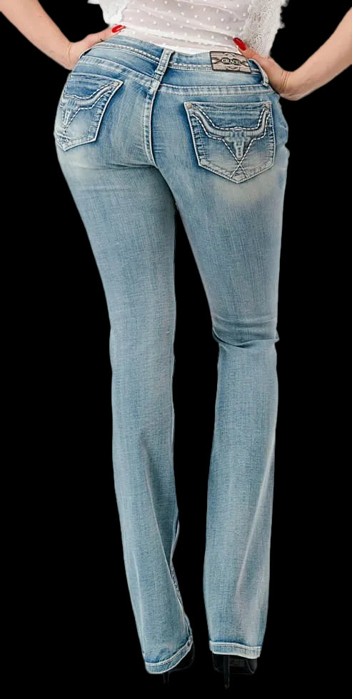 Grace in LA Women's Western 3D Steer Head Mid Rise Bootcut Jeans