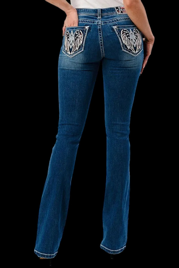 Grace in LA Women's Western Americana Wing Embellished Mid Rise Bootcut Jeans