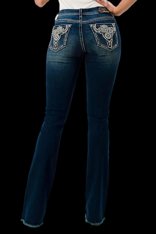 Grace in LA Women's Western Floral Steer Head Embellished Mid Rise Bootcut Jeans