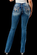 Grace in LA Women's Western Steer Head Embroidered Mid Rise Bootcut Jeans