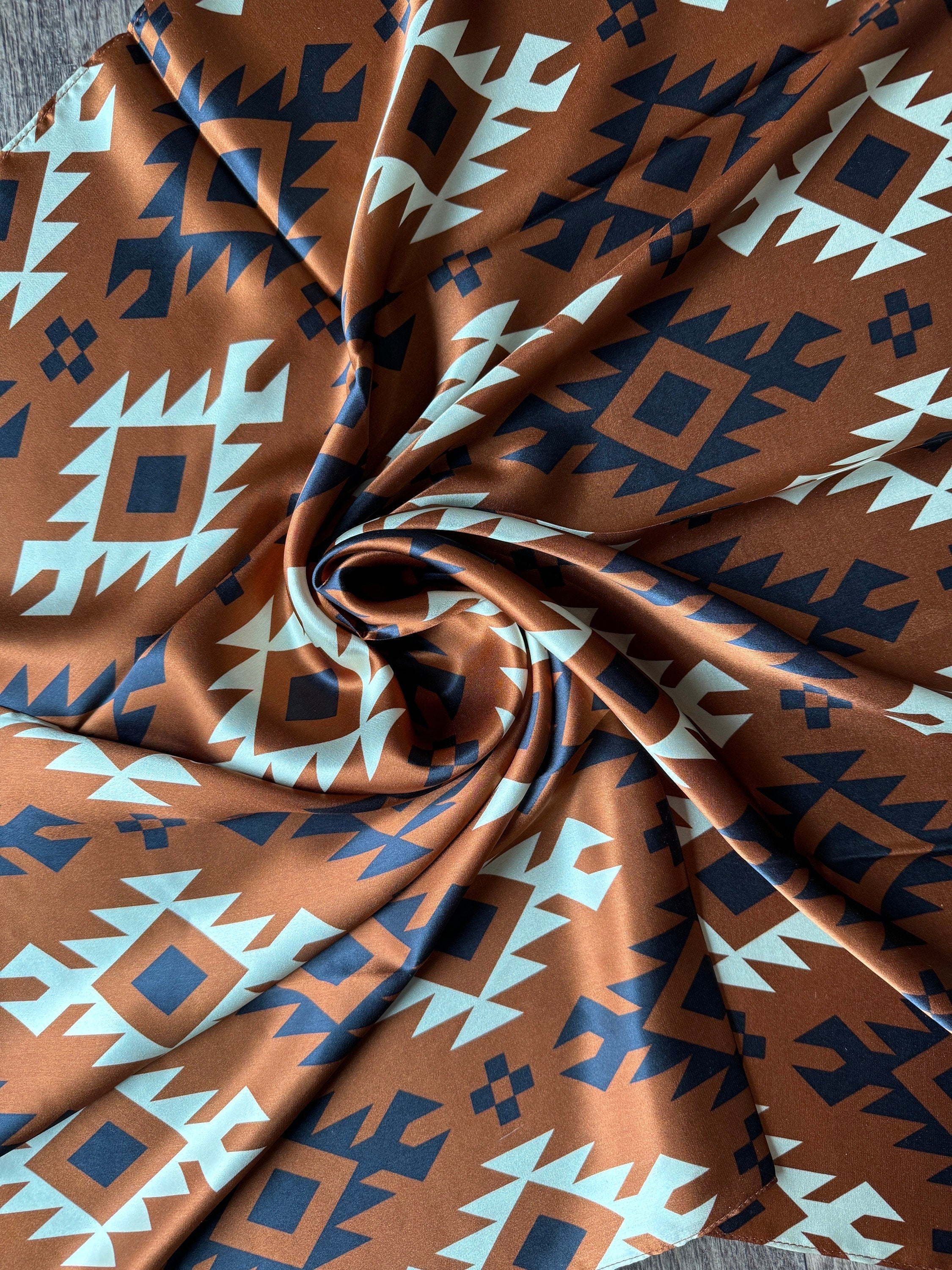 100% Silk Wild Rag Cognac Rust Brown Black Ivory Tribal Native pattern by Double B Wild Rags