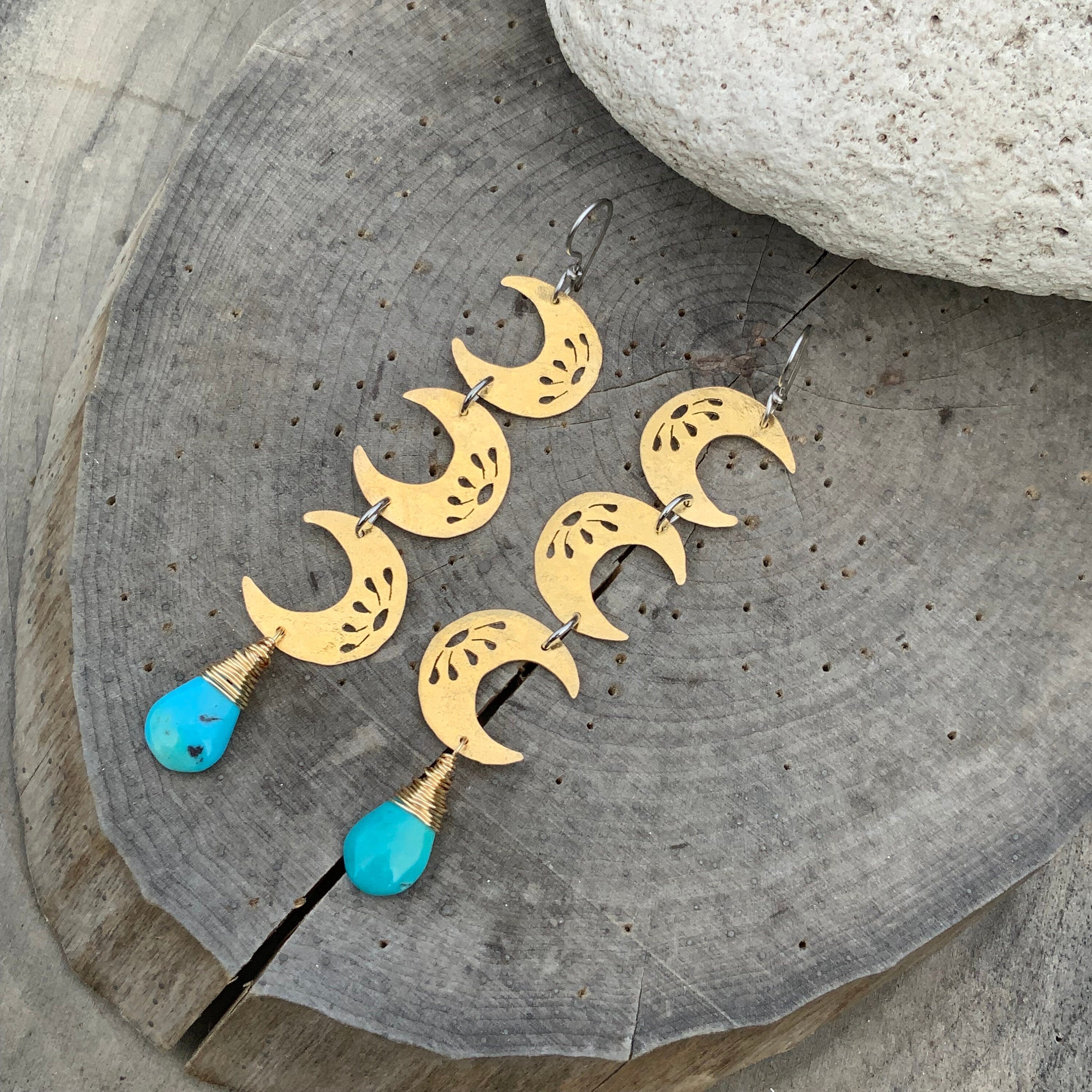 The Howl Brass Crescent Moon Earrings: Turquoise Dangle, Handmade