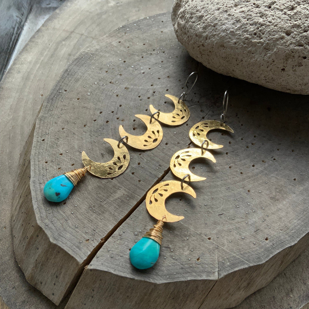 The Howl Brass Crescent Moon Earrings: Turquoise Dangle, Handmade