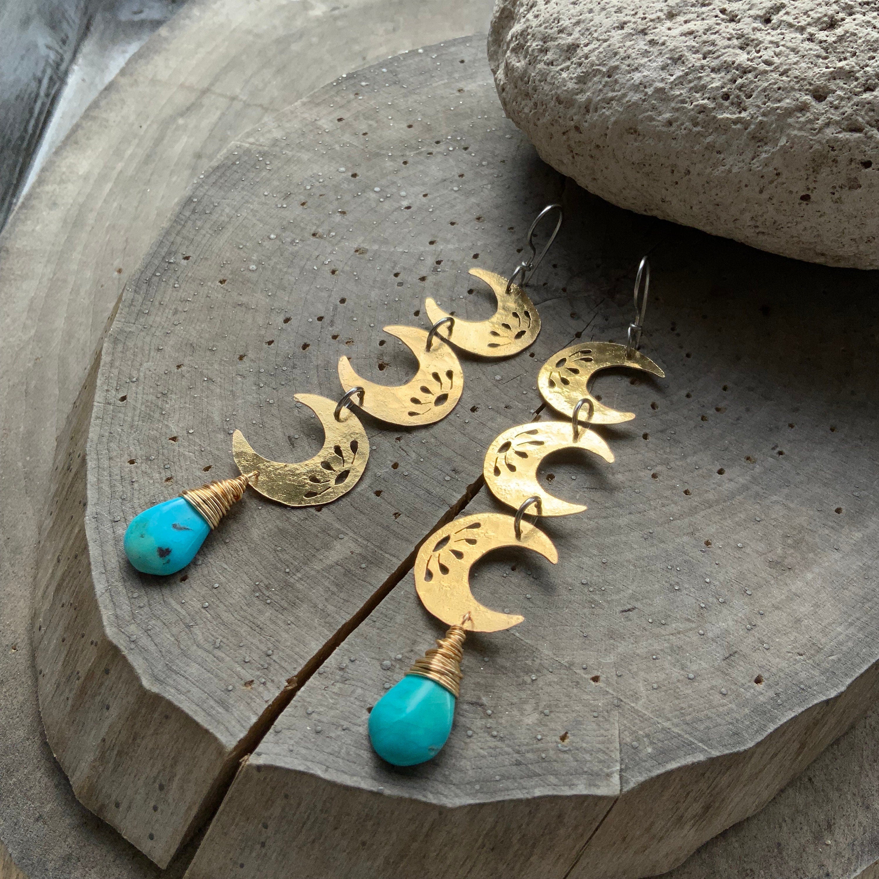 The Howl Brass Crescent Moon Earrings: Turquoise Dangle, Handmade