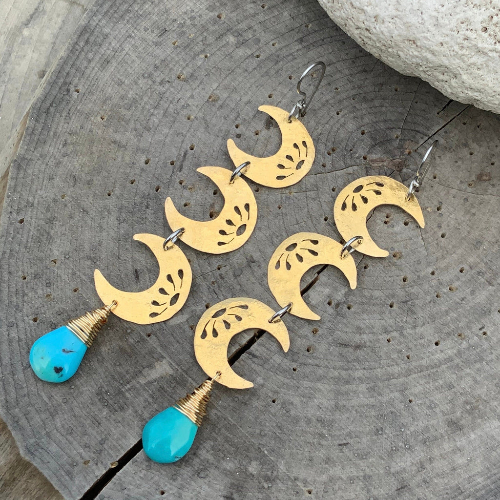 The Howl Brass Crescent Moon Earrings: Turquoise Dangle, Handmade