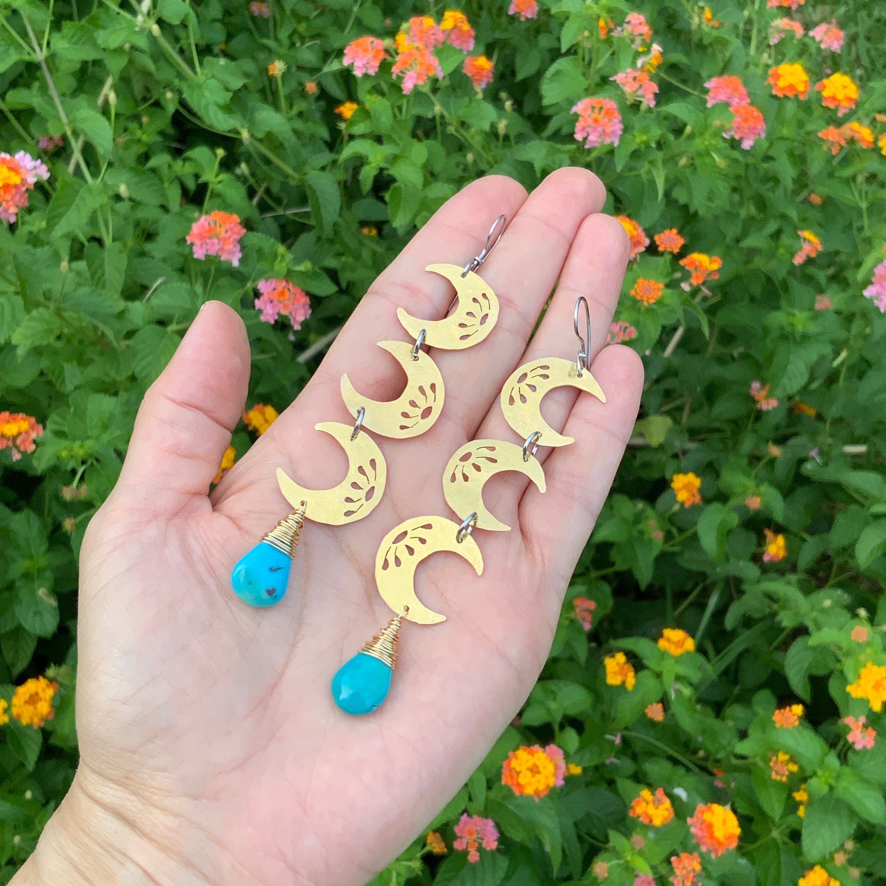 The Howl Brass Crescent Moon Earrings: Turquoise Dangle, Handmade