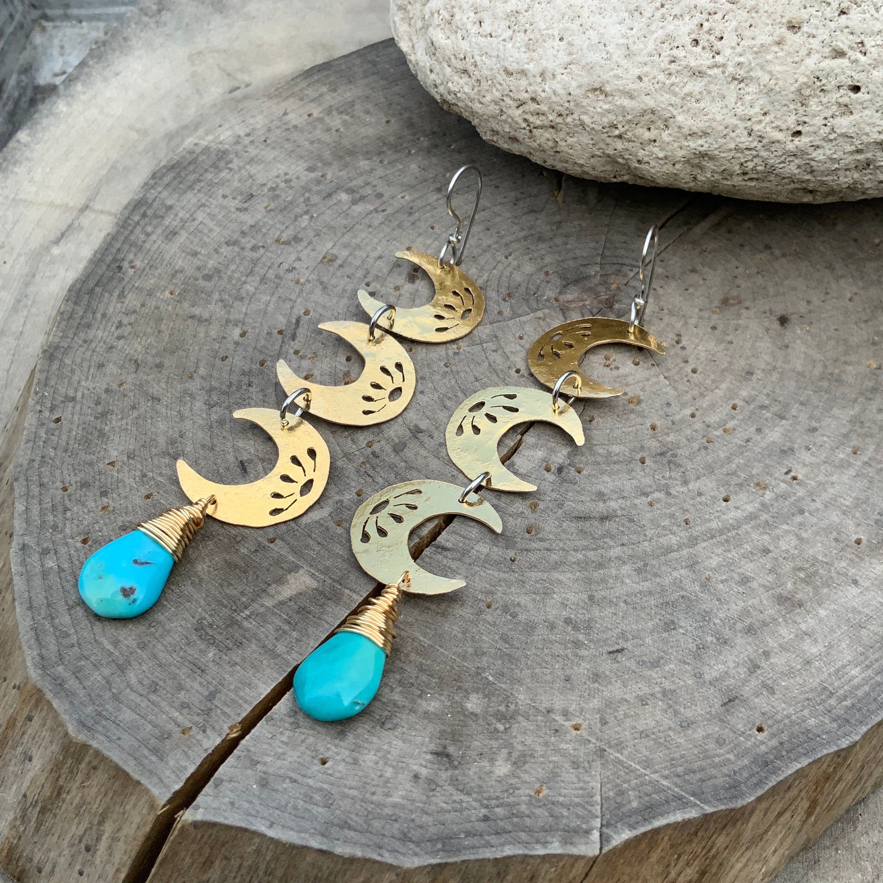 The Howl Brass Crescent Moon Earrings: Turquoise Dangle, Handmade