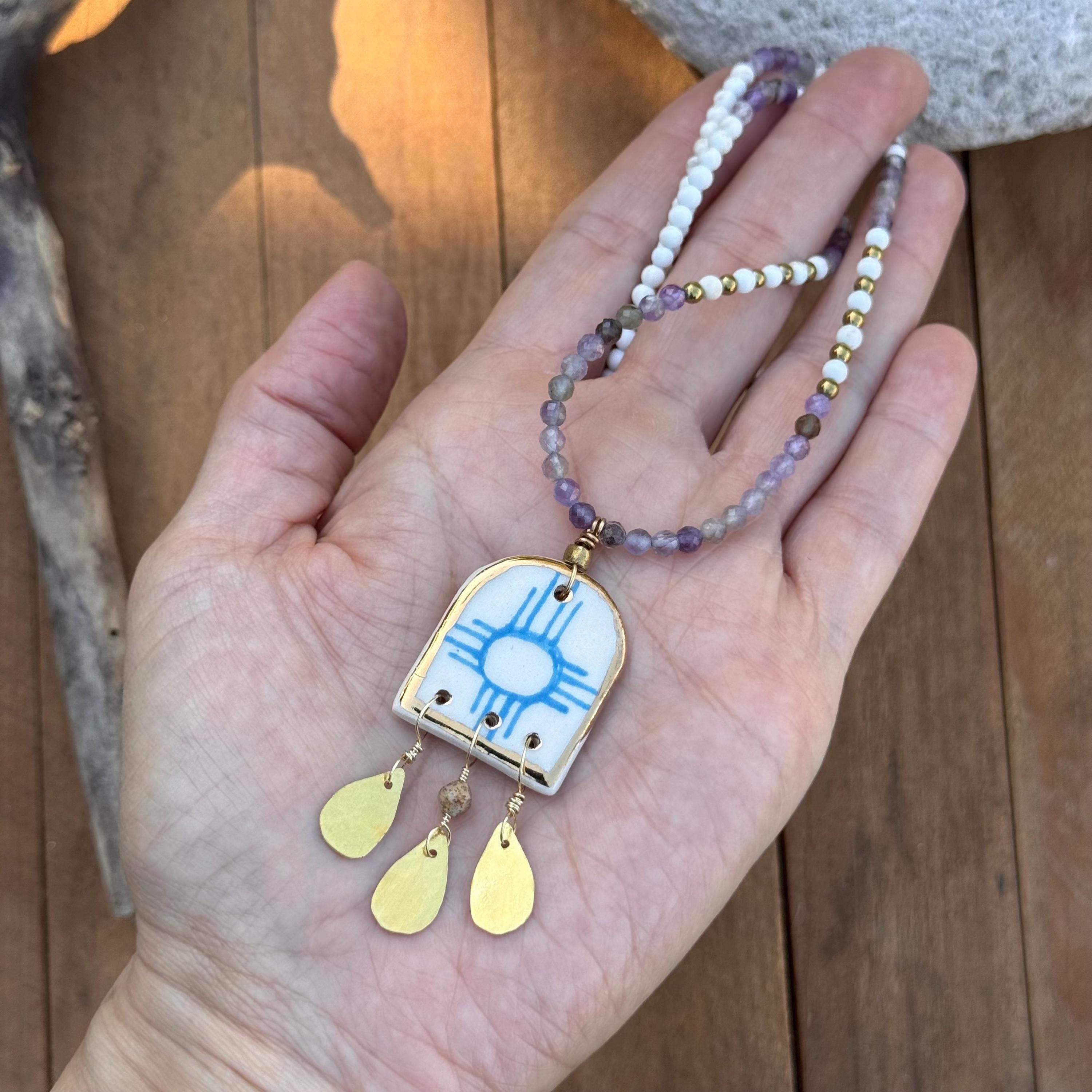 The Land Of Enchantment Ceramic Zia Bead and Amethyst Necklace