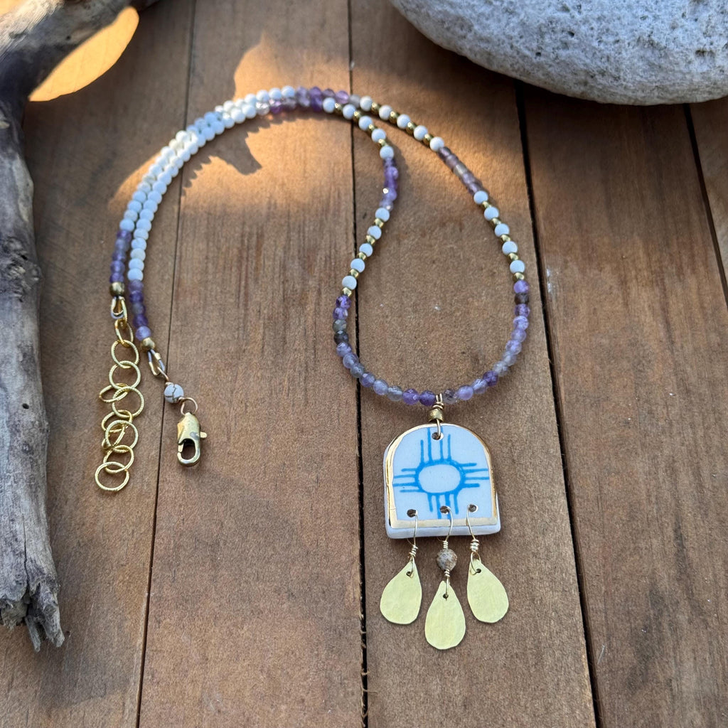 The Land Of Enchantment Ceramic Zia Bead and Amethyst Necklace