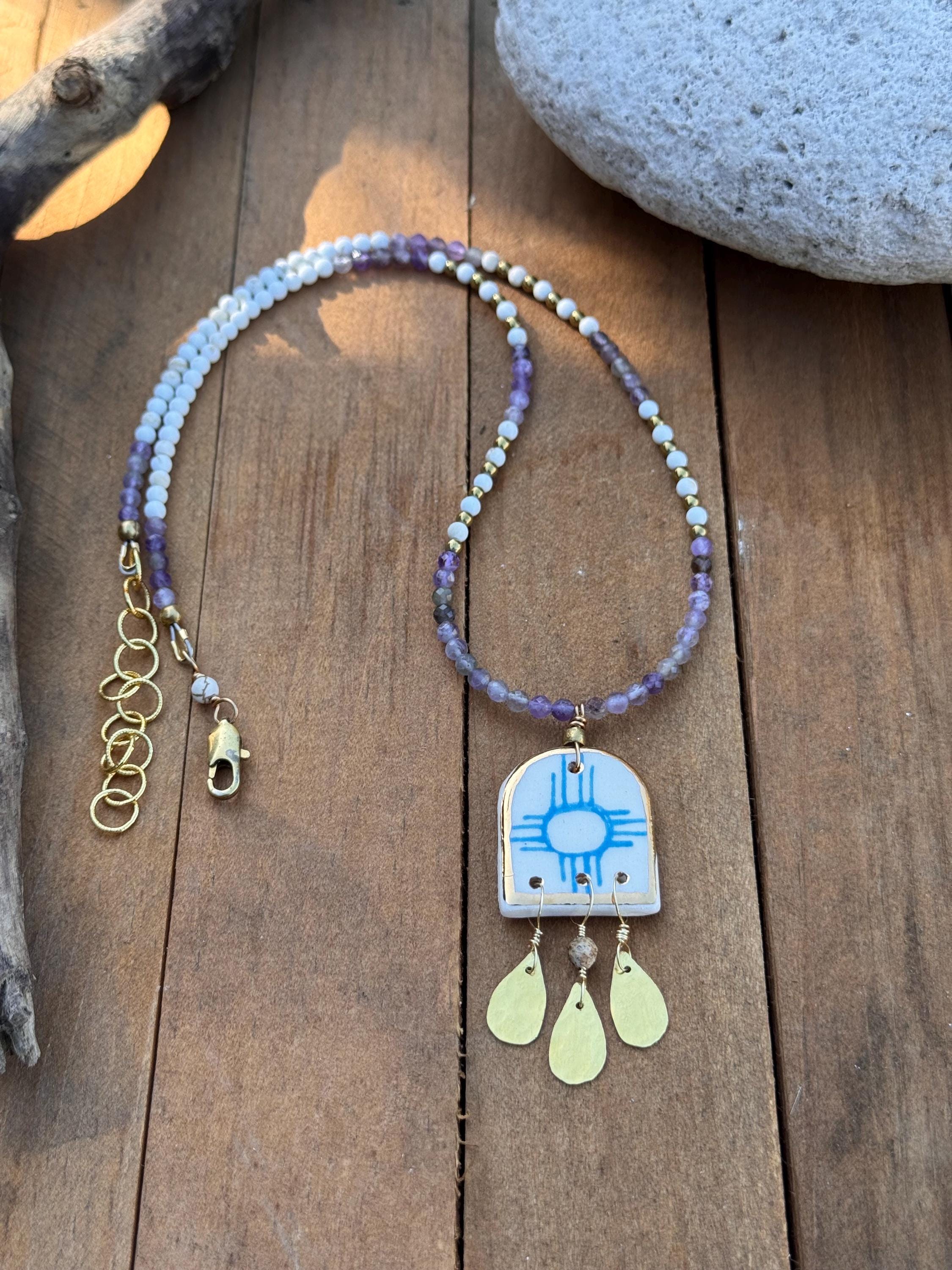 The Land Of Enchantment Ceramic Zia Bead and Amethyst Necklace