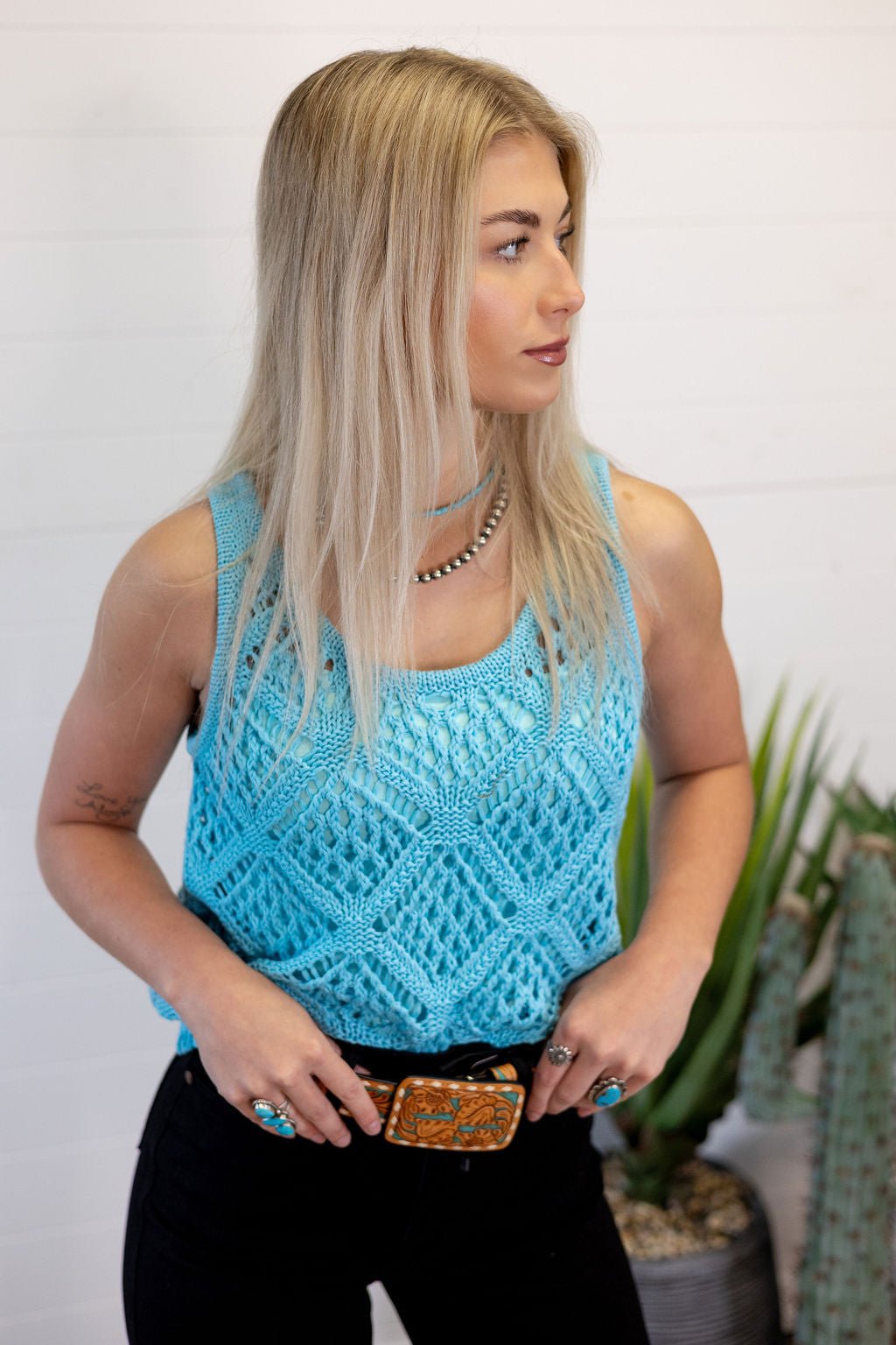 The Open Stitch Scoop Neck Sleeveless Layering Top