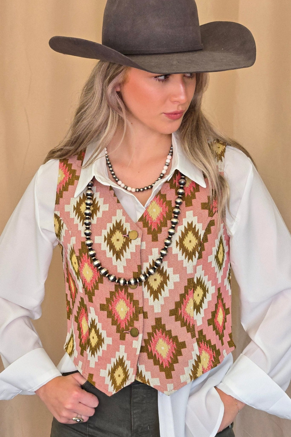 The Turquoise Haven Pink Southwest Tapestry Snap Vest
