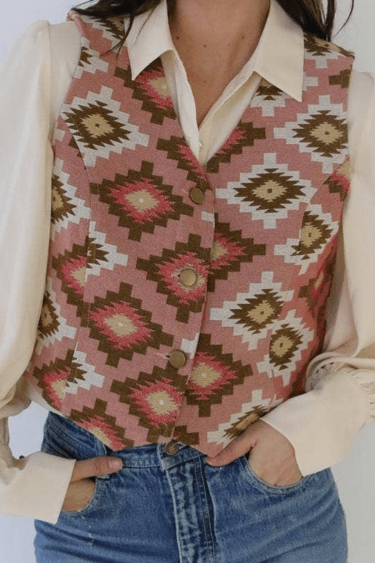 The Turquoise Haven Pink Southwest Tapestry Snap Vest