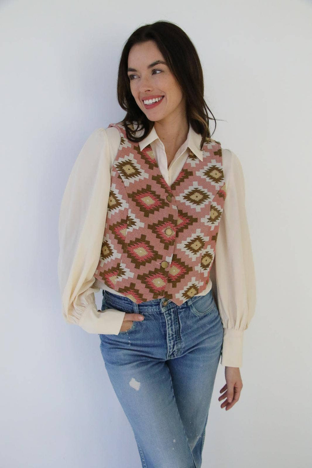 The Turquoise Haven Pink Southwest Tapestry Snap Vest
