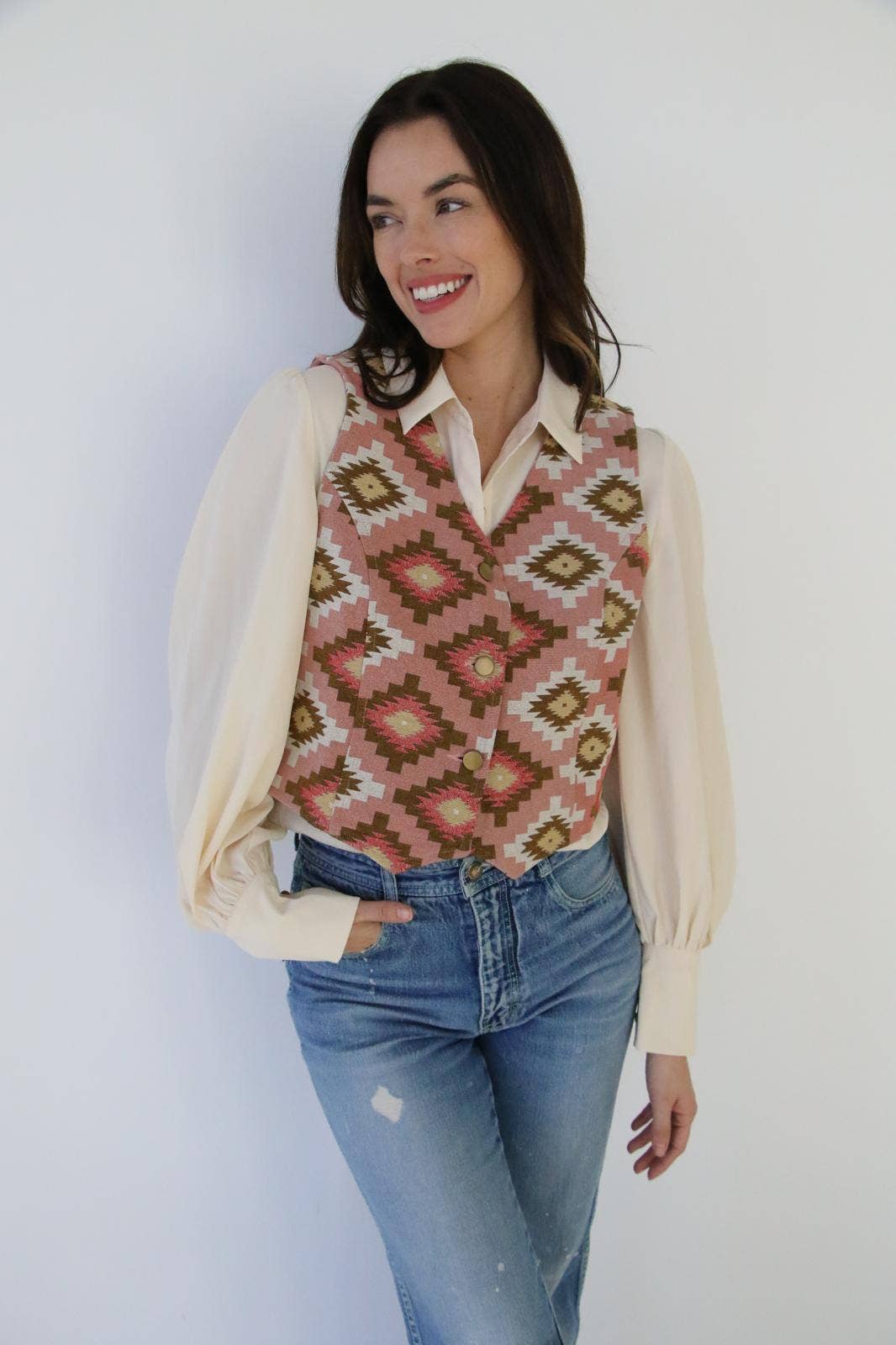 The Turquoise Haven Pink Southwest Tapestry Snap Vest