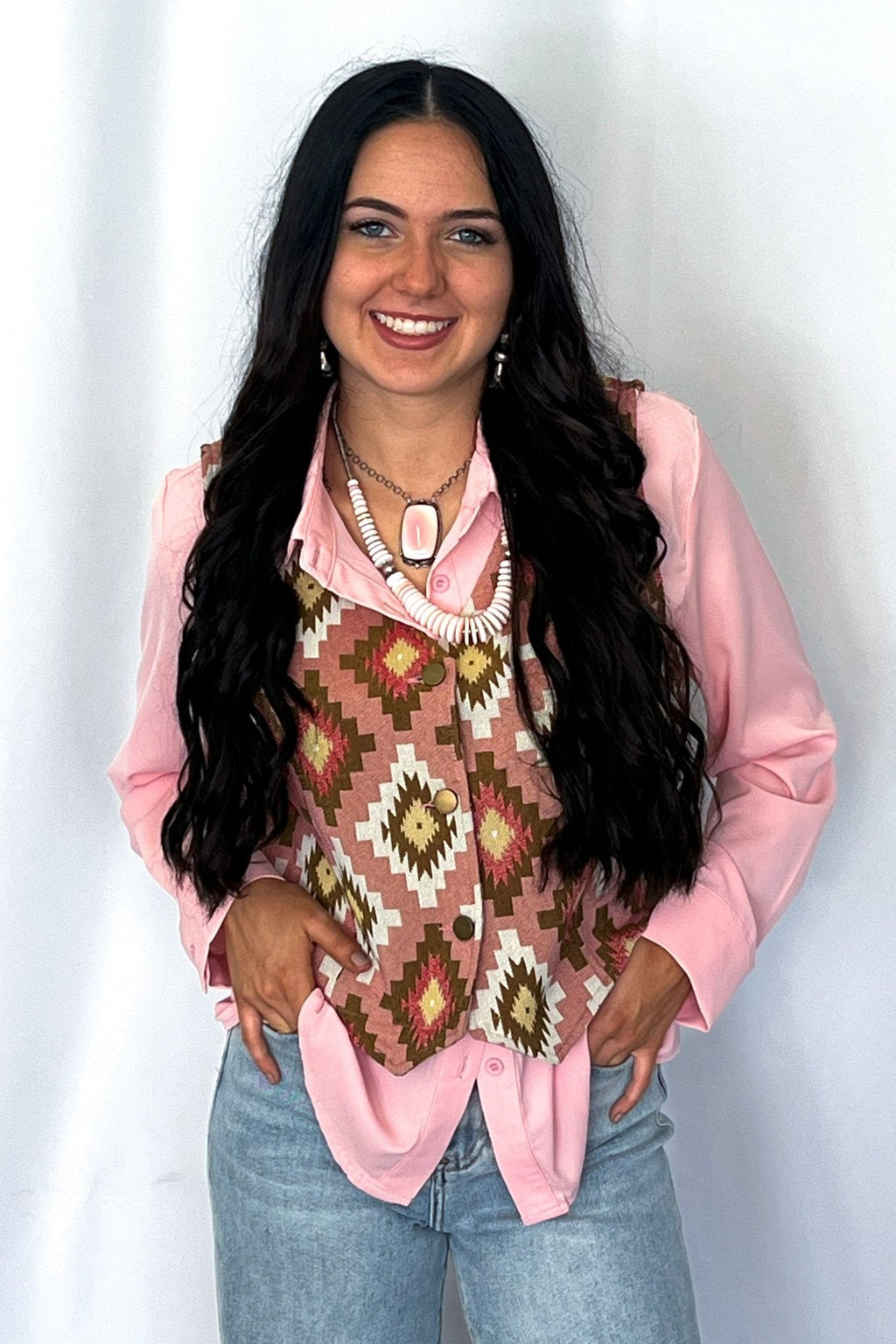 The Turquoise Haven Pink Southwest Tapestry Snap Vest