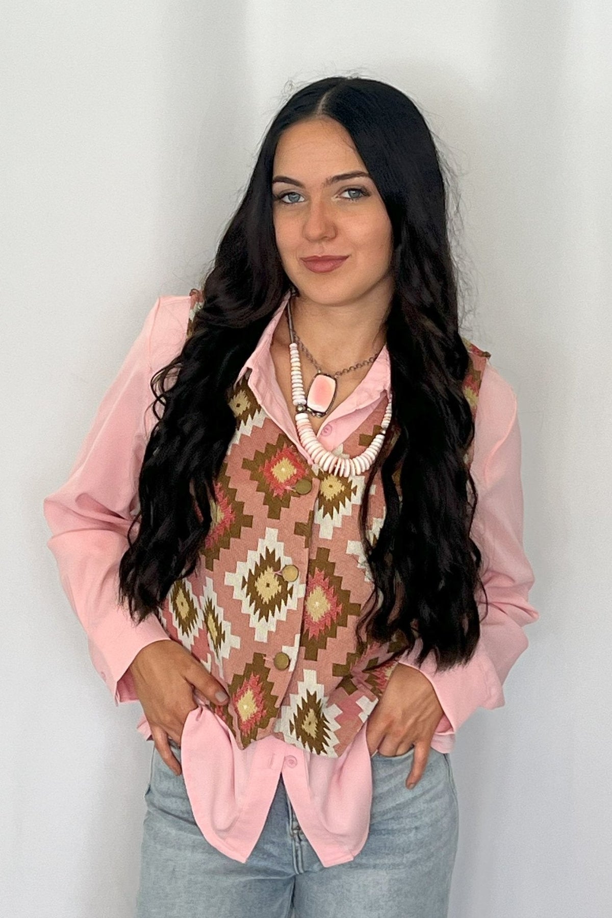 The Turquoise Haven Pink Southwest Tapestry Snap Vest