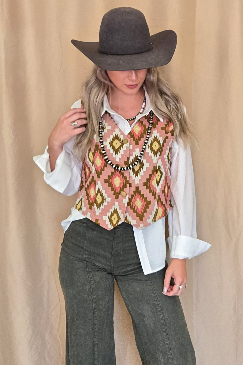 The Turquoise Haven Pink Southwest Tapestry Snap Vest