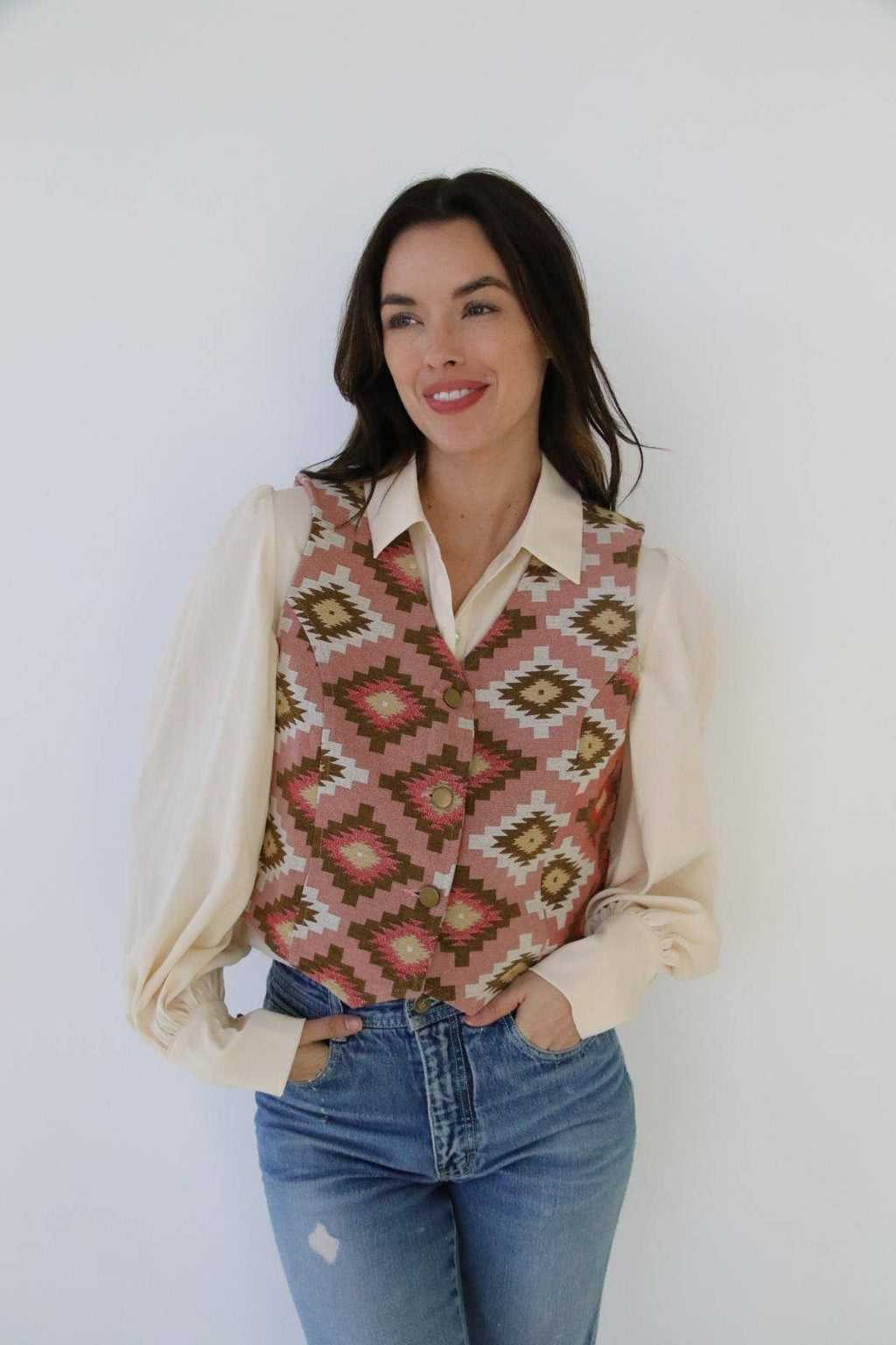 The Turquoise Haven Pink Southwest Tapestry Snap Vest