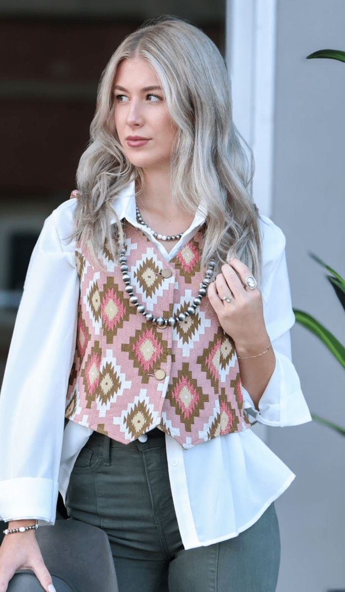 The Turquoise Haven Pink Southwest Tapestry Snap Vest