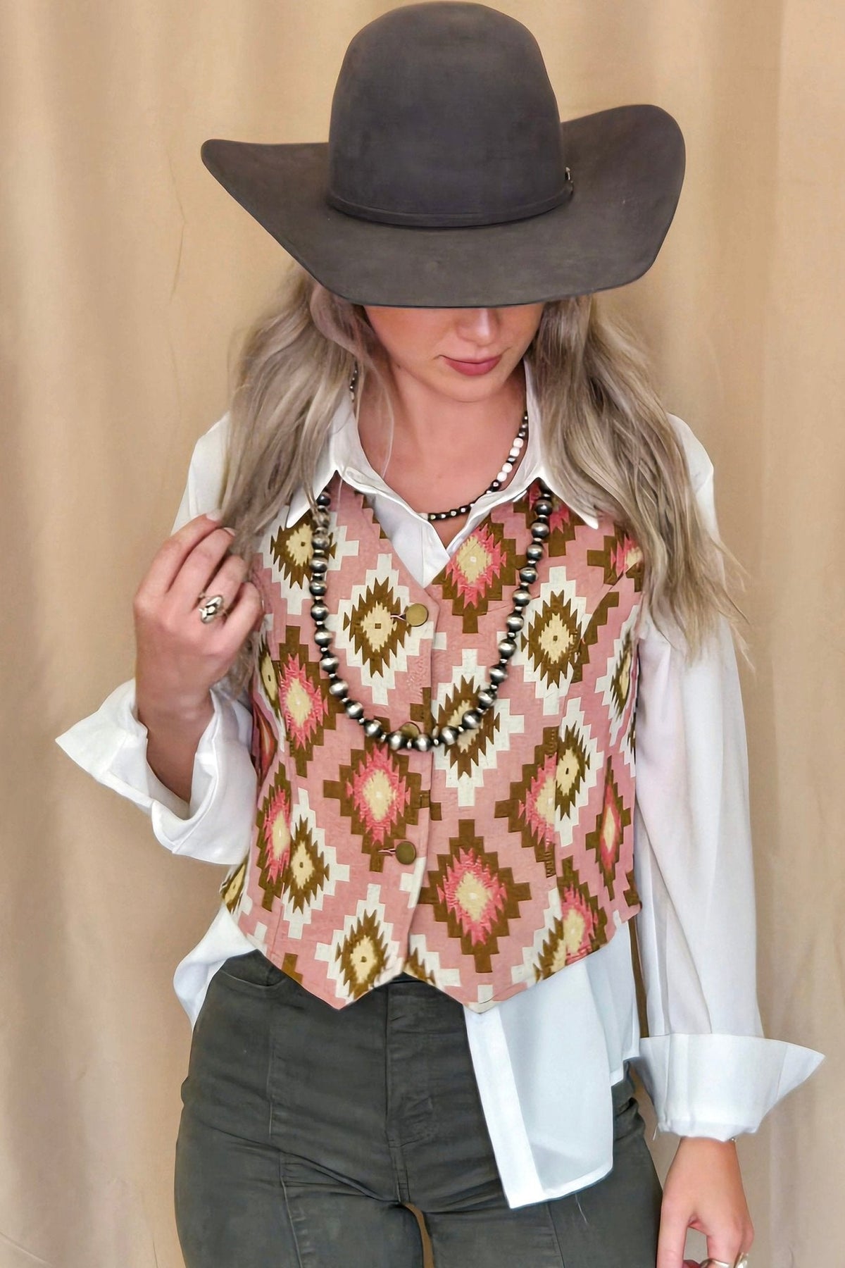 The Turquoise Haven Pink Southwest Tapestry Snap Vest