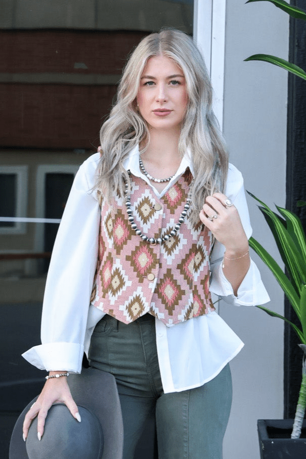 The Turquoise Haven Pink Southwest Tapestry Snap Vest