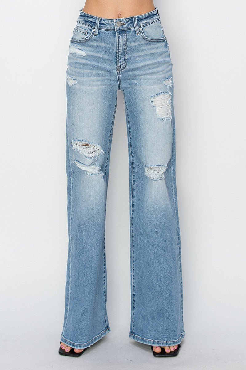 Risen High-Rise Wide Distressed Western Jeans