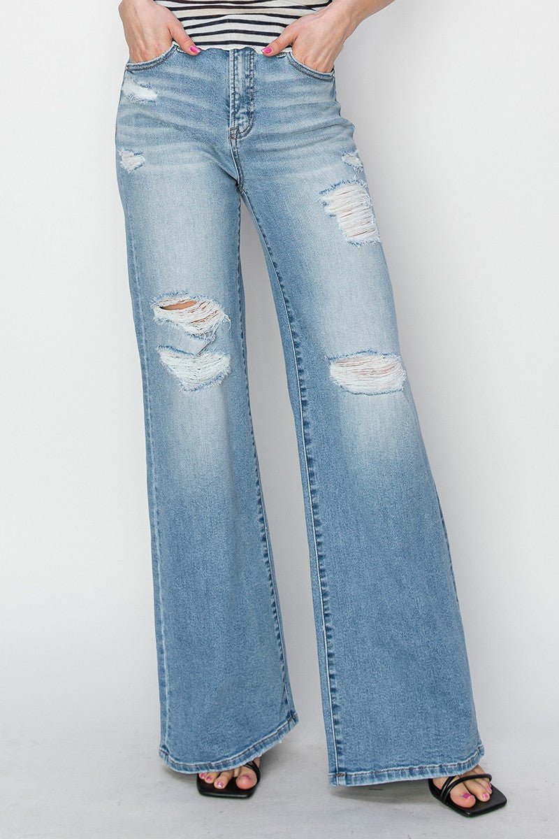 Risen High-Rise Wide Distressed Western Jeans