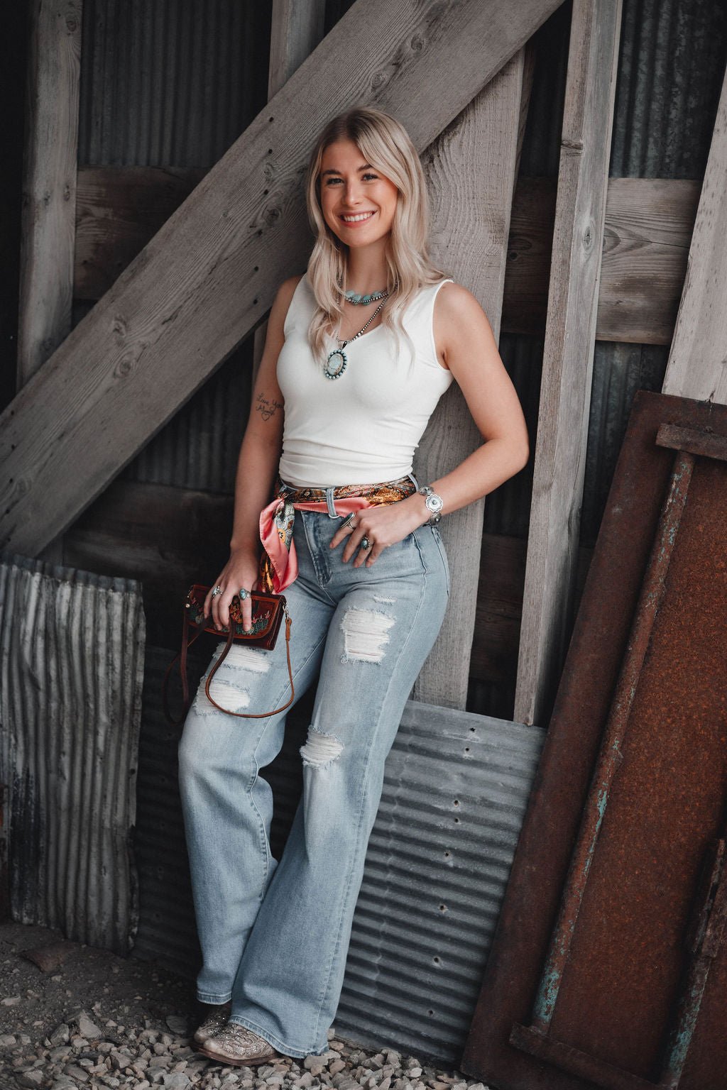 Risen High-Rise Wide Distressed Western Jeans