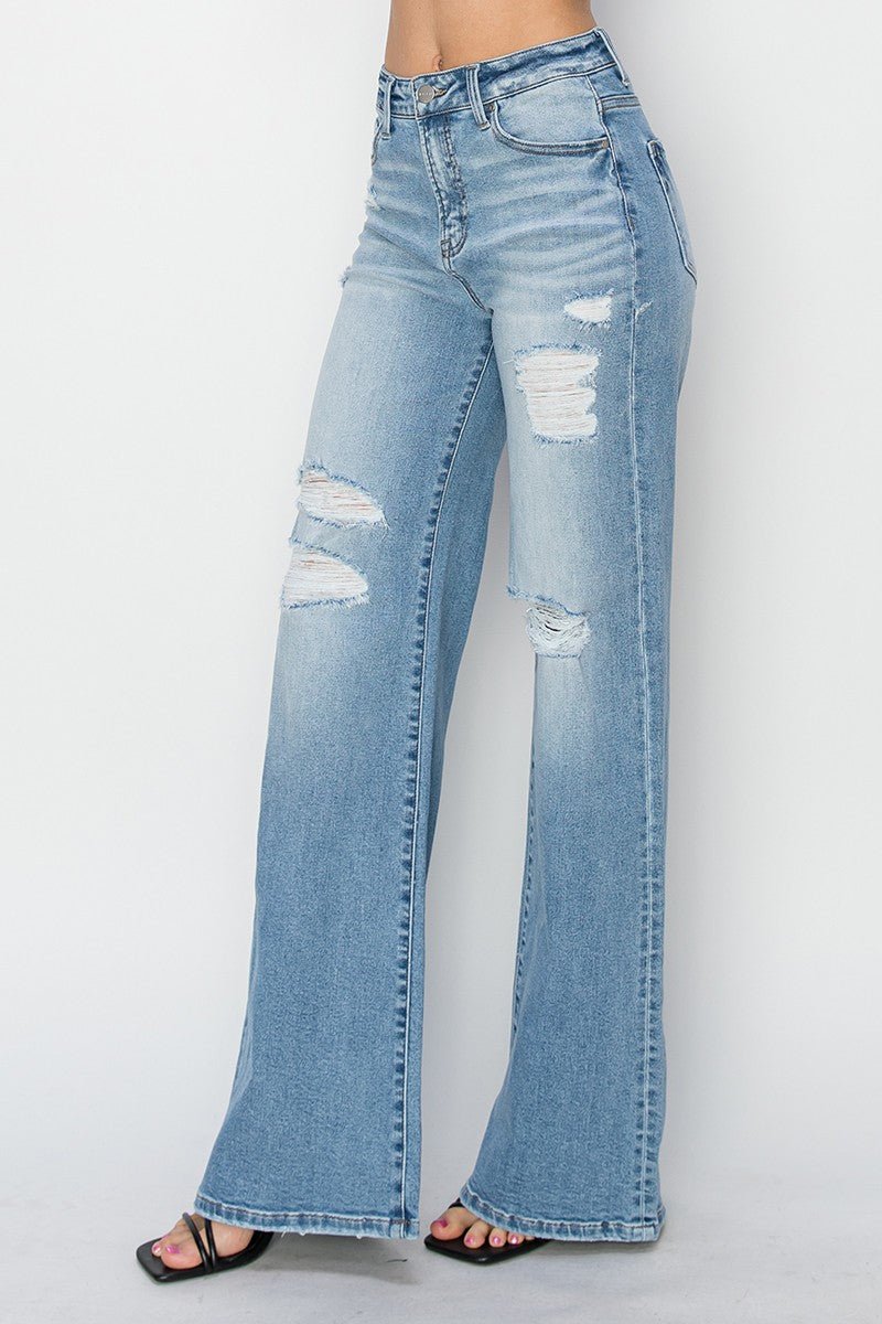 Risen High-Rise Wide Distressed Western Jeans