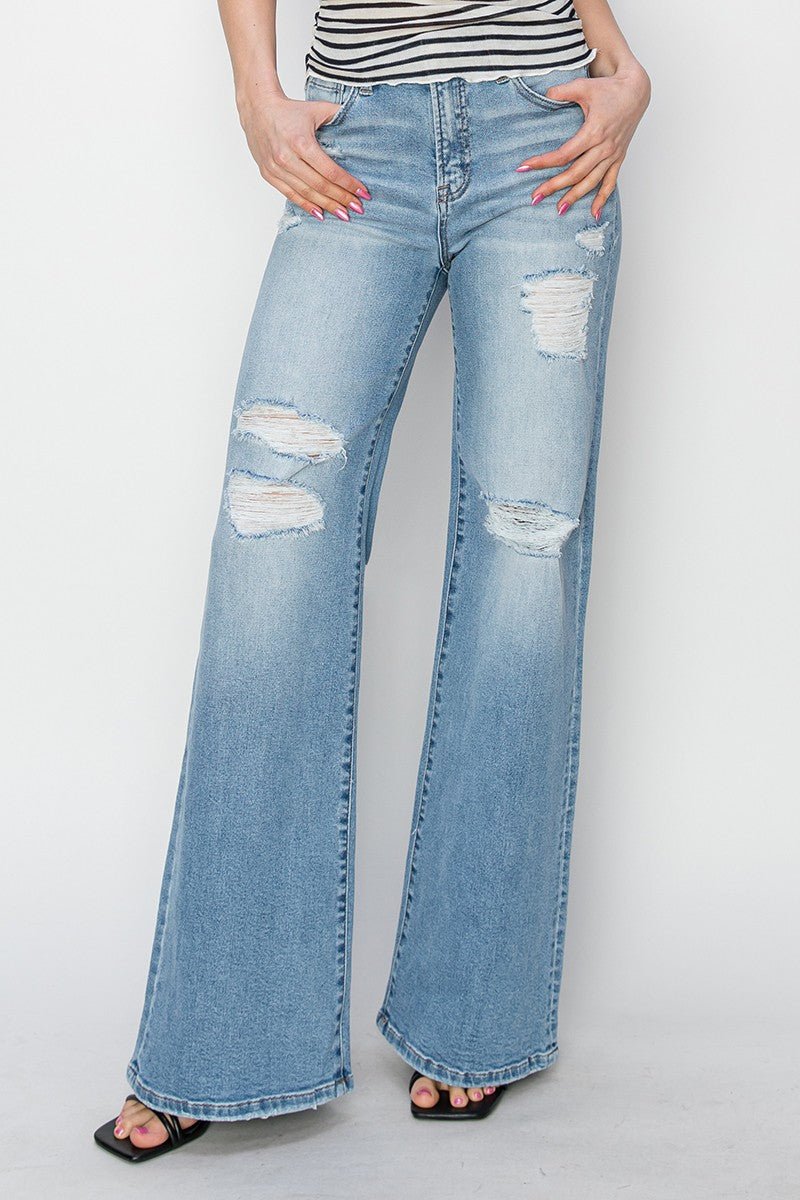 Risen High-Rise Wide Distressed Western Jeans