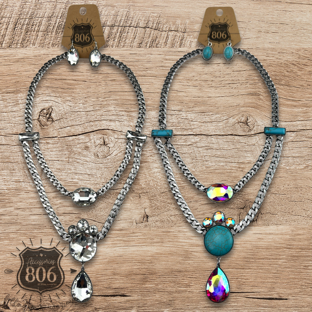 The Seneka Rhinestone Charm Necklace Set - Two Colors!
